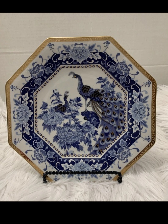 Heritage Mint Other - 🎄🧑‍🎄Heritage Mint Japan Peacock Plate Blue Wht Gold Octagon Chinoiserie Vintage